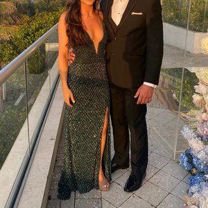 PRIMAVERA COUTURE BEADED HIGH SLIT GOWN in Forest Green